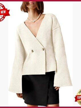 V Neck Long Bell Sleeve Cardigan Button Down Open Front Loose Knit Fall Sweater